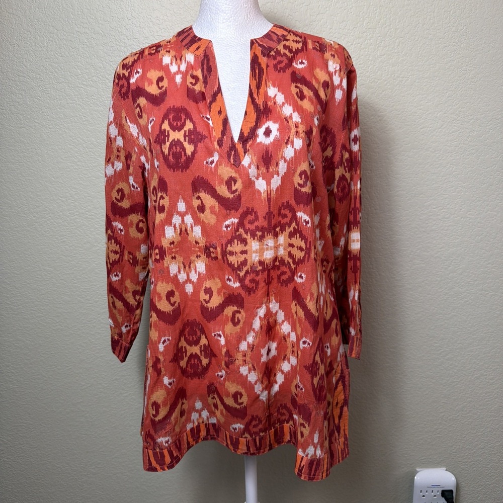 Soft Surroundings Tunic PM Womens Orange Ikat V-Neck Viscose Cotton Blouse Top